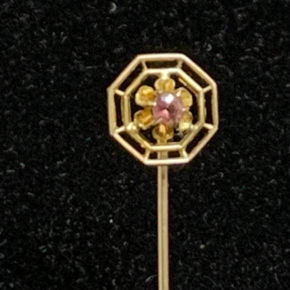 10K Yellow Gold Floral Stick Pin W/Pink Rhinestone - Picture 5 of 9